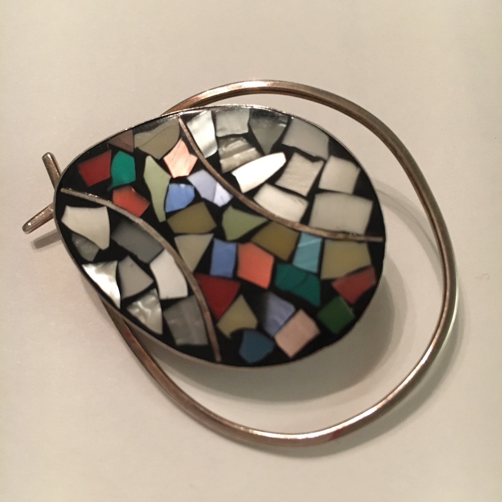 Sterling Silver Brooch Pendant Art Glass Mosaic Inlay